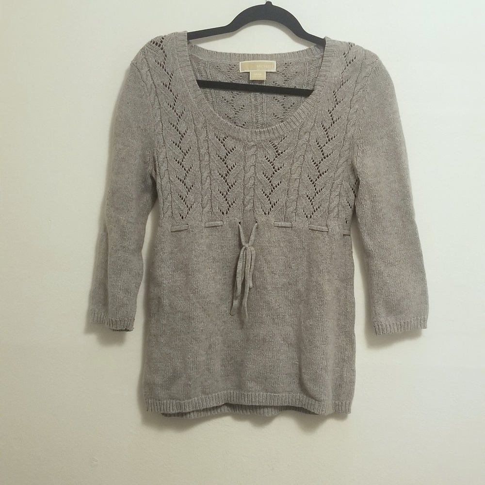 Michael Michael Kors Size M 3/4 Sleeved Gray Sweater w/ Tie at Waist, Scoop Neck